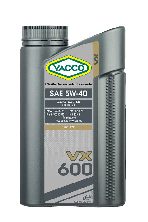 Масло моторное YACCO VX 600  5W40, SN.A3/B4,LL01,GM,Mb,VW502/505, 1л