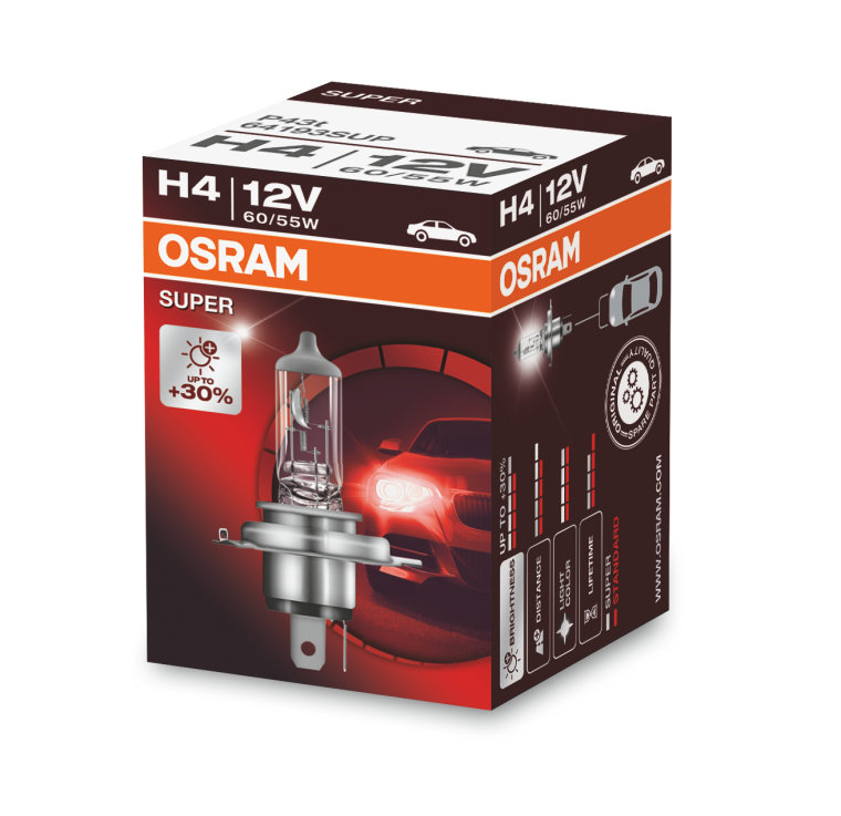 Автолампа H4 "Osram", Super, +30%, 12V, 60/55W