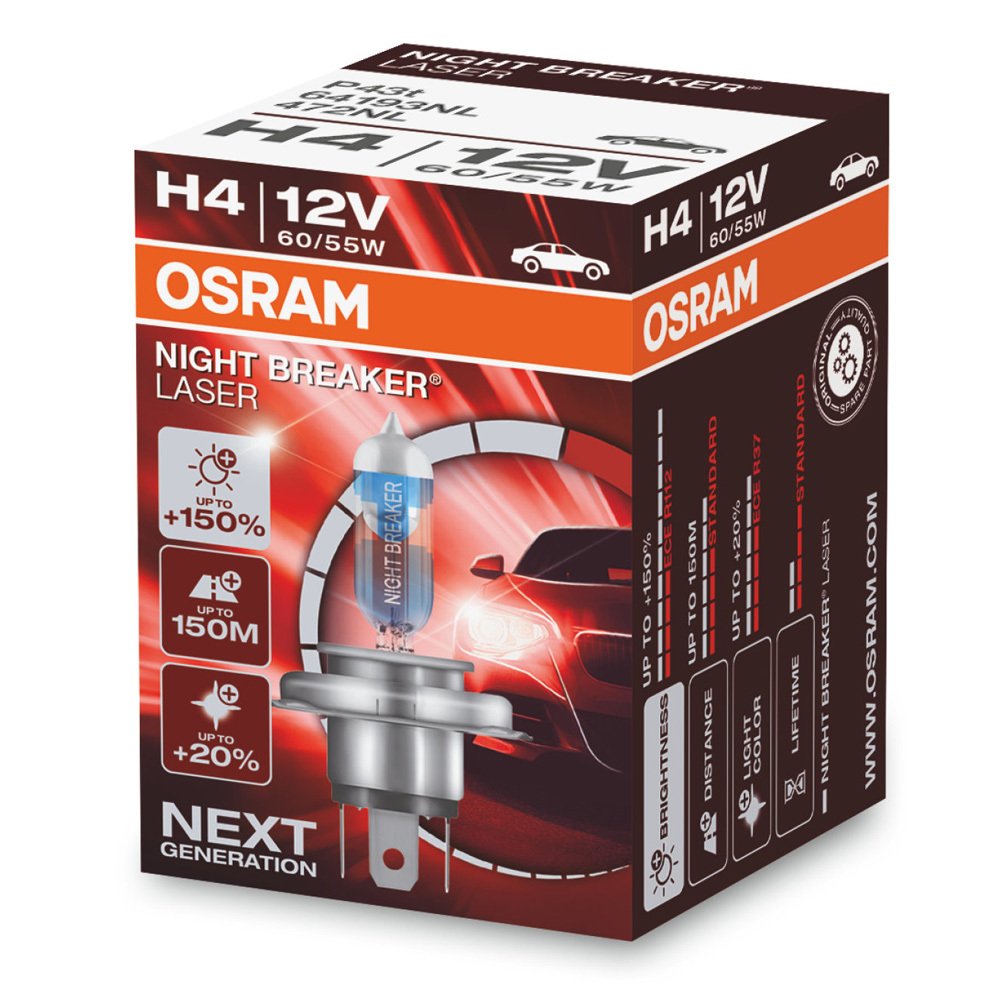 Автолампа H4 "Osram", Night Breaker Laser, +150%, 12V, 60/55W, 3900K