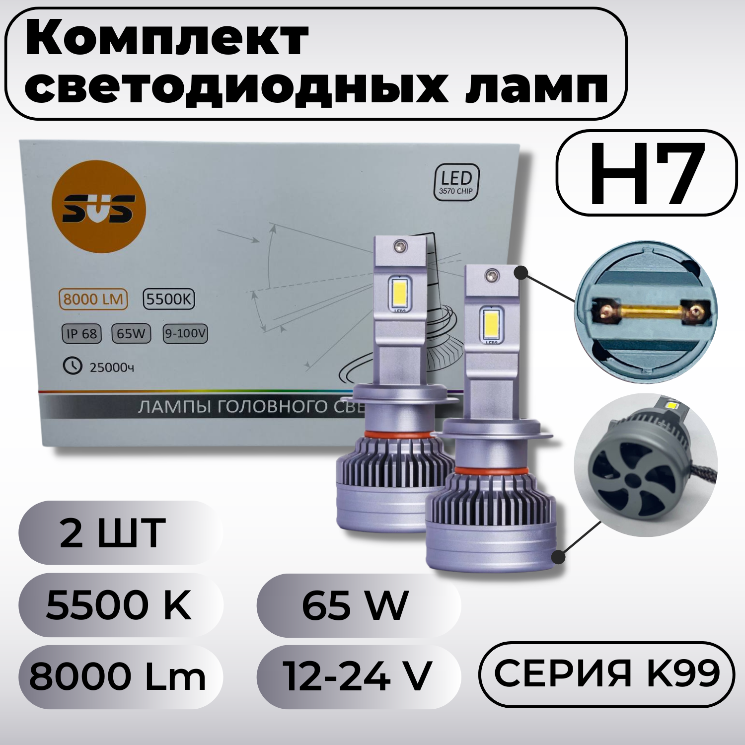 Комплект светодиодных ламп H7 "SVS", K99, 9-32V, 5500K